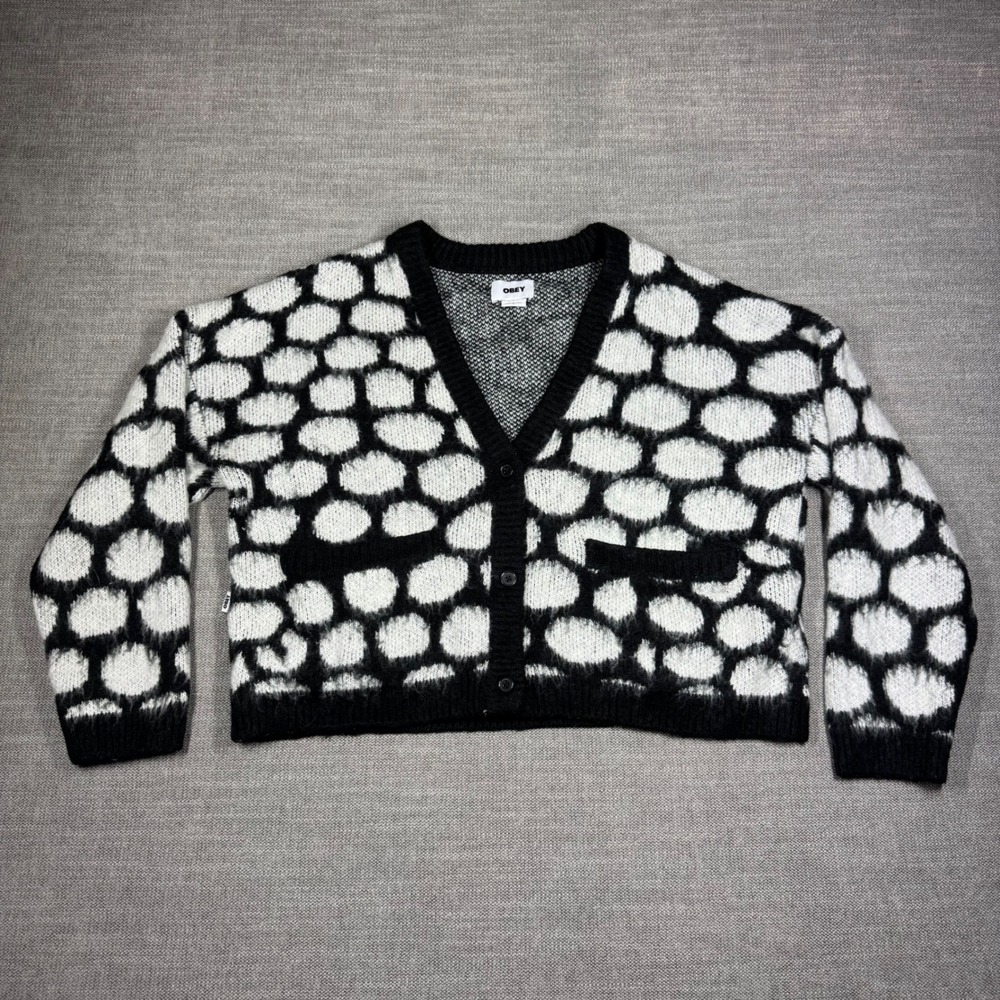 OBEY Fuzzy Polka Dot Cropped Cardigan Sweater Women's Small Black White‎
